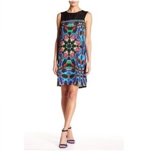 DESIGUAL Beaded Sheer Geometric Shift Dress Blue Pink Size 44 US M